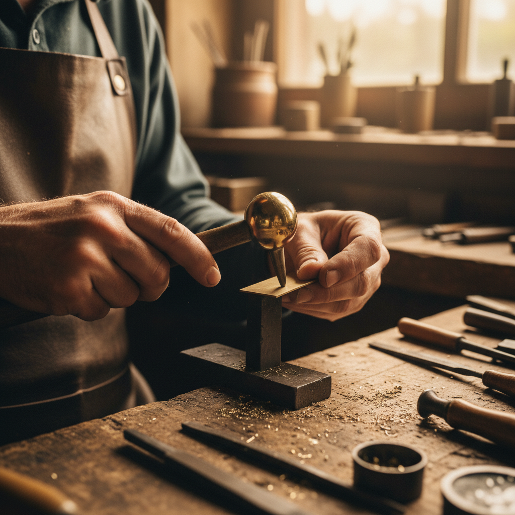 Hands of a craftsman carefully assembling a brass fixture.