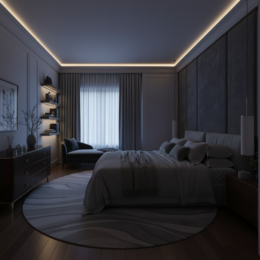 Luxurious Bedroom with DUA lighting fixtures off